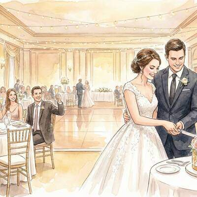 Newlyweds cutting wedding cake at reception surrounded by celebrating guests (Matrimonio)