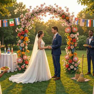 Diverse American wedding ceremony blending multiple cultural traditions under decorated arch (Matrimonio)