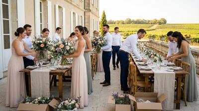 L'équipe de mariage et les bénévoles collaborant pour installer le lieu