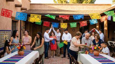 Grupo de la boda y voluntarios colaborando para preparar el lugar de la ceremonia