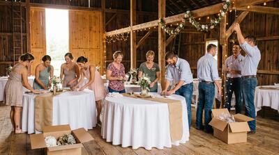 Wedding party and volunteers collaborating to set up ceremony venue