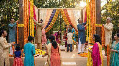 शादी का समूह और स्वयंसेवक समारोह स्थल की तैयारी में सहयोग