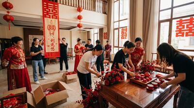 婚礼工作人员和志愿者一起布置婚礼现场