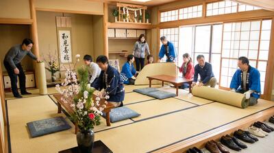 結婚式の関係者とボランティアが協力して式場の準備をしている様子